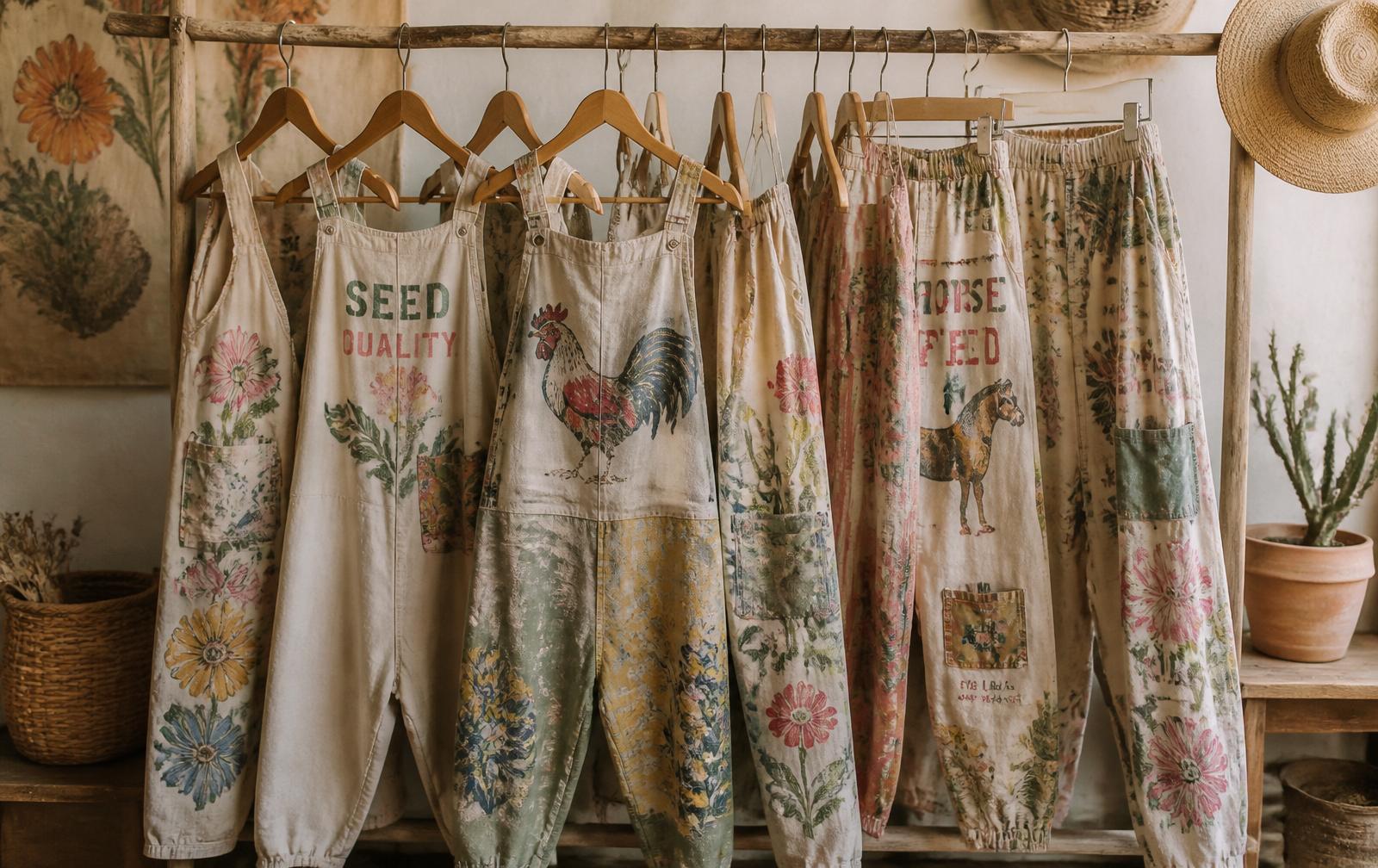 Vintage feed-sack print jumpsuits and pants hanging on a rustic wooden rack